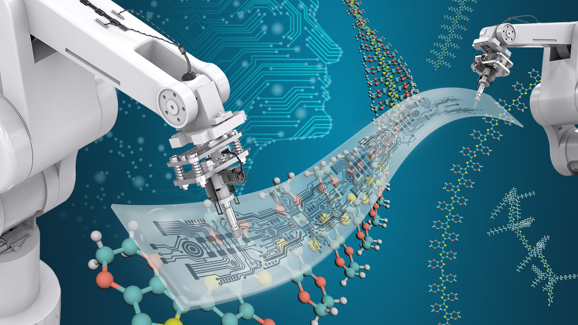 Illustration of white machines drawing schematics on translucent ribbon over blue background and floating molecular models.