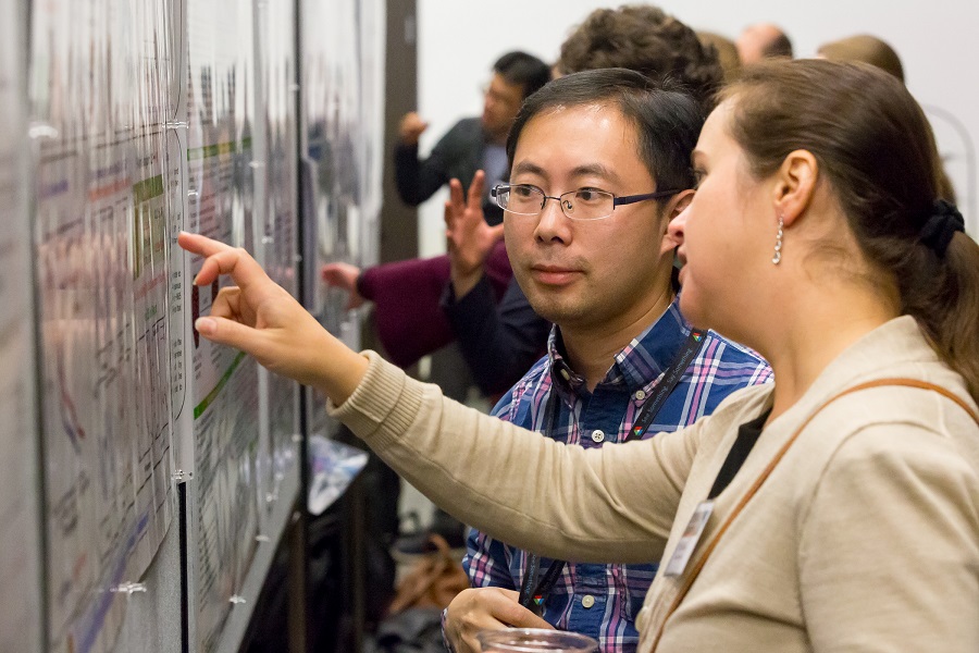 Man and woman discussing content posted on wall. Woman is pointing to something in particular.