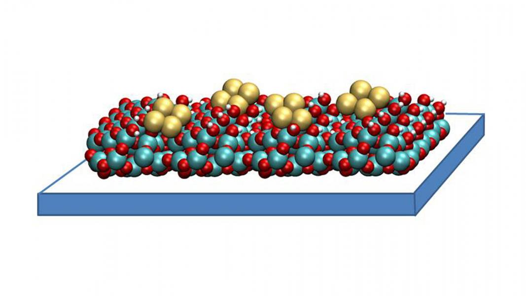 Gold, red, and teal molecular model.