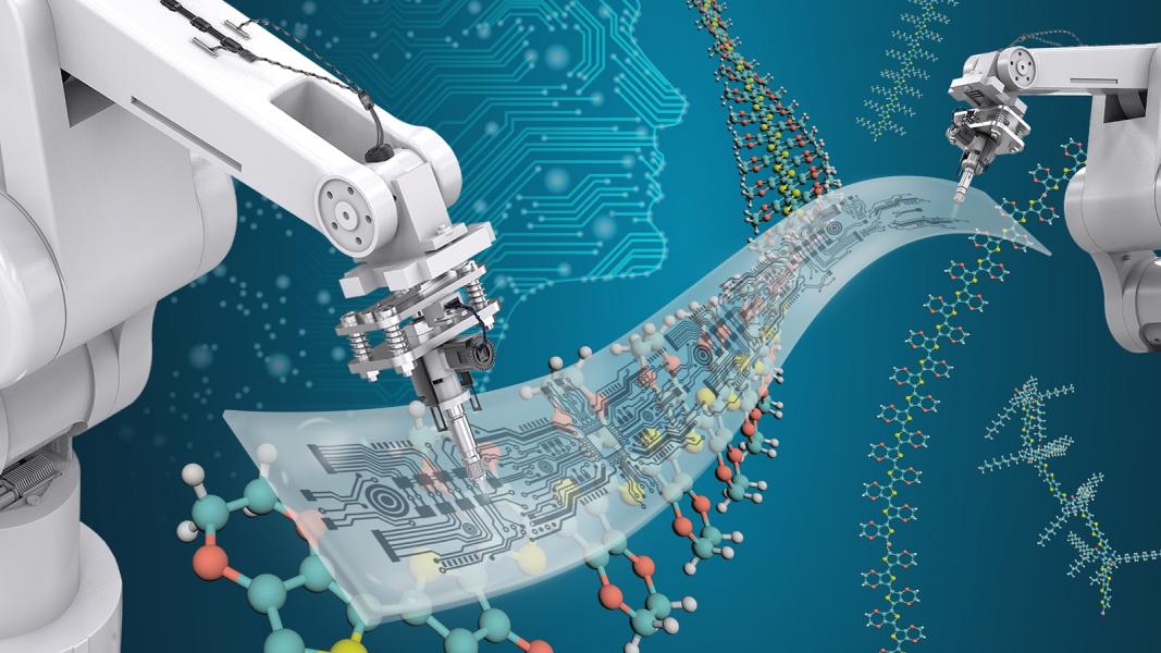 Illustration of machines, ribbon w/diagrams, models, and graphical profile of human.