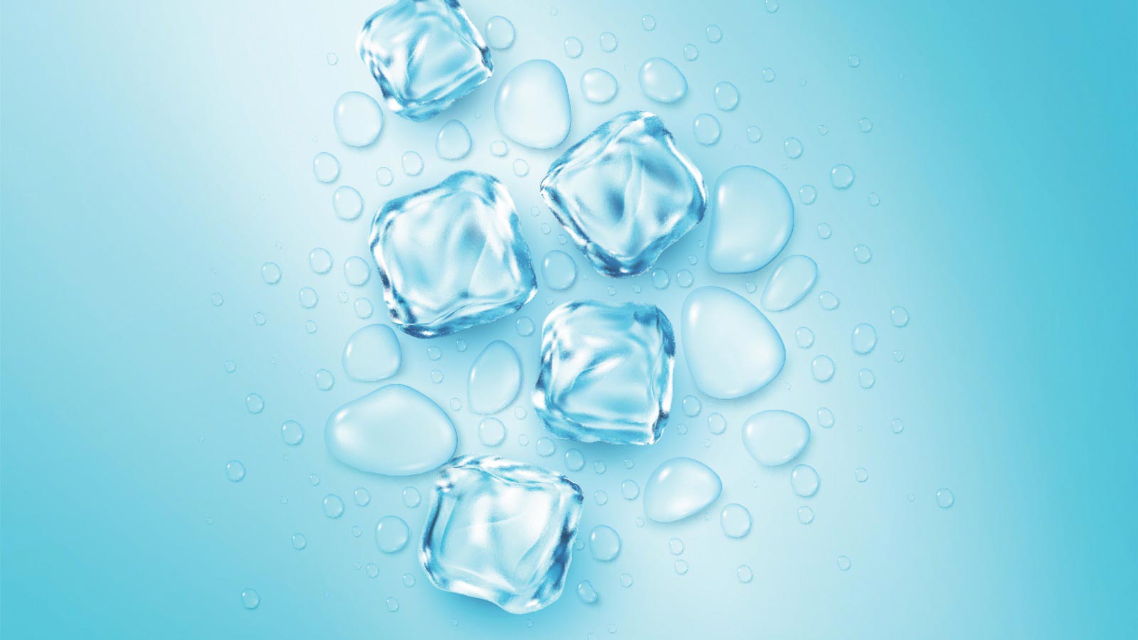 5 ice cubes on blue background, slightly melted with surrounding drops of water.